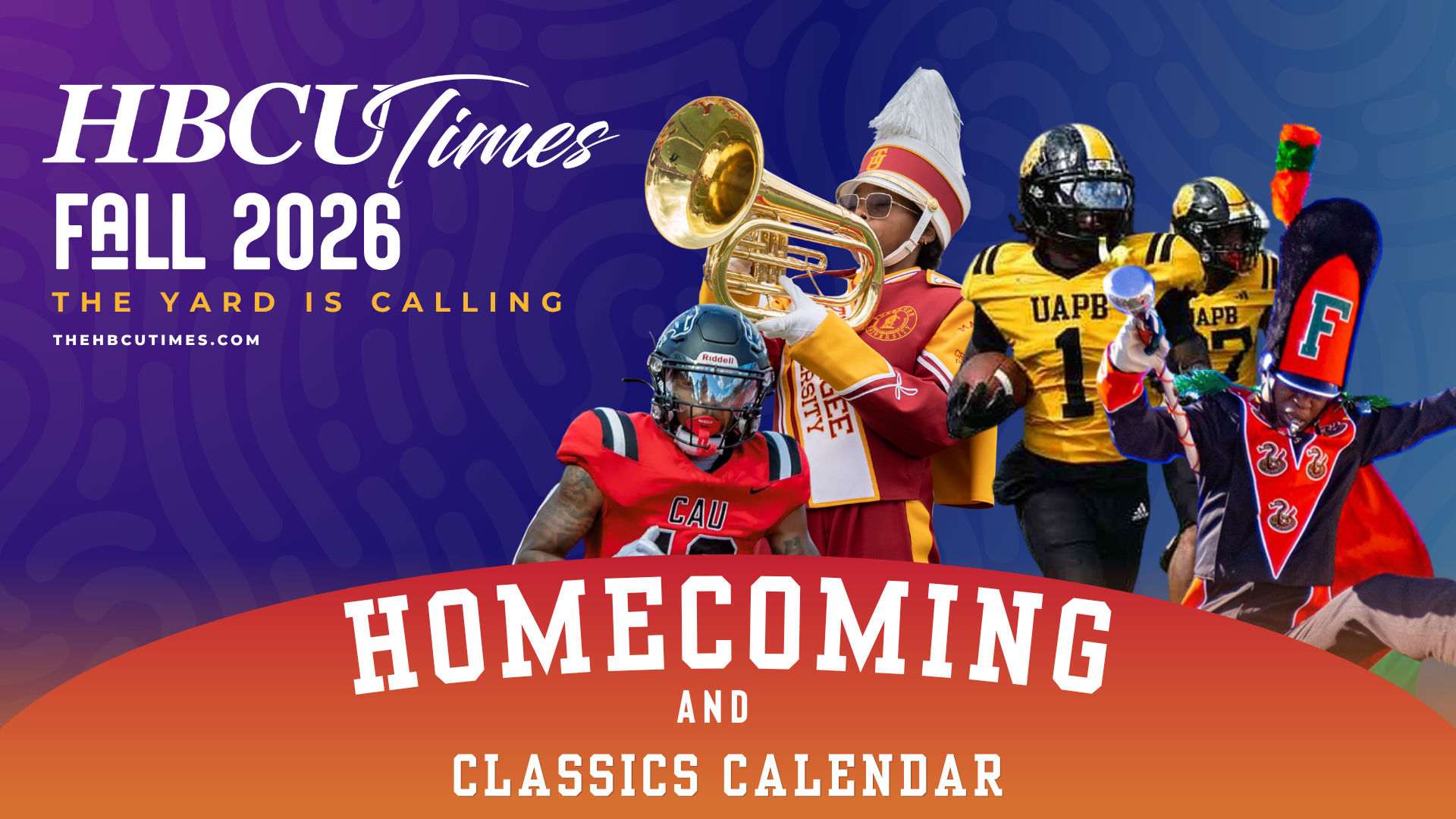 2026 HBCU homecoming schedule featuring a marching band and football crowd