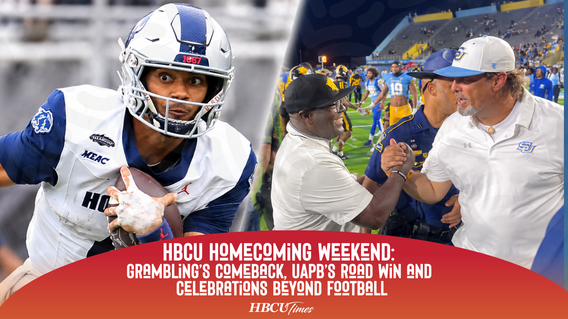 Photo collage showing a Howard University football player carrying the ball and a postgame handshake at Southern University.